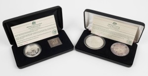 1997 Fremantle Coin (1oz Kookaburra) & Medallion (1oz Swan stamp) set; 1998 Perth Coin (2oz) & Medallion (1946 Shilling), both with certificates of limitation in the cases of issue. 