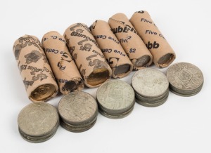 1966 fifty cents, (24), VF-EF. Also Mint Rolls 1999 $1 (2), and 1997, 1998, 2003  and 2004 Mint Rolls of the 5c (1 roll of each).