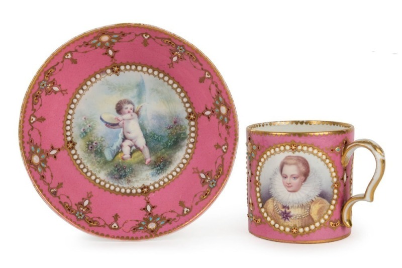 SEVRES antique French pink porcelain cabinet cup and tea bowl with royal portraits, 19th century, (2 items), the cup 7cm high