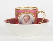 SEVRES antique French pink porcelain cabinet cup and tea bowl with royal portraits, 19th century, (2 items), the cup 7cm high - 2