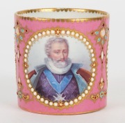 SEVRES antique French pink porcelain cabinet cup and tea bowl with royal portraits, 19th century, (2 items), the cup 7cm high - 3