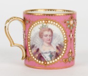 SEVRES antique French pink porcelain cabinet cup and tea bowl with royal portraits, 19th century, (2 items), the cup 7cm high - 4