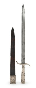 An antique German hunting hanger with silver fittings and leather scabbard, 19th century, ​​​​​​​47cm long