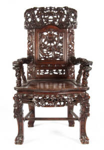 A Chinese hardwood carved dragon chair with pierced decoration, early 20th century, 107cm high, 62.5cm wide and 48cm deep