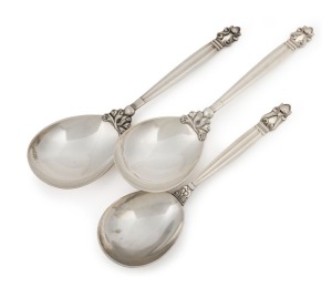 GEORG JENSEN "Acorn" pattern Danish sterling silver serving spoons, (3 items), impressed oval mark "Georg Jensen, Sterling Denmark", the largest 22.5cm long, 282 grams total