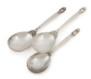 GEORG JENSEN "Acorn" pattern&nbsp;Danish sterling silver serving spoons, (3 items), impressed oval mark "Georg Jensen, Sterling Denmark", the largest 22.5cm long, 282 grams total
