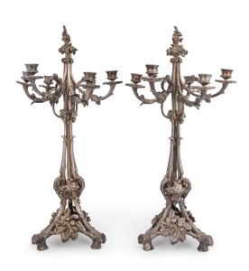 A pair of antique English six branch cast bronze candelabra with silvered finish, 19th century, 61cm high