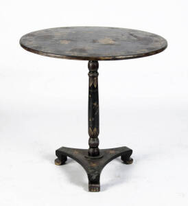 A Chinese black lacquered folding table painted with Shoulao standing on a flower, early 20th century, 80cm high, 80cm diameter