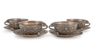 Four Chinese silver teacups and saucers decorated with dragons, 19th/20th century, (8 items), seal mark to base, the saucers 13.5cm diameter, 1118 grams total