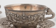 Four Chinese silver teacups and saucers decorated with dragons, 19th/20th century, (8 items), seal mark to base, the saucers 13.5cm diameter, 1118 grams total - 2