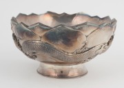 An antique Japanese silver lotus bowl with dragon decoration, double walled construction, Meiji period early 20th century, ​​​​​​​seal mark to base, 10cm high, 18cm wide, 450 grams  - 3