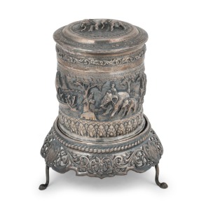 A Burmese silver circular box with repousse decoration on pierced silver stand, 20th century, ​​​​​​​13.5cm high, 178 grams