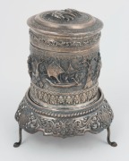 A Burmese silver circular box with repousse decoration on pierced silver stand, 20th century, ​​​​​​​13.5cm high, 178 grams - 2