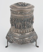 A Burmese silver circular box with repousse decoration on pierced silver stand, 20th century, ​​​​​​​13.5cm high, 178 grams - 3