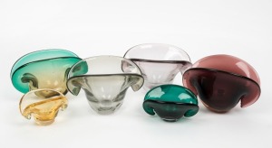 Six Murano glass clam shell bowls, ​​​​​​​the largest 13cm high, 16cm wide.