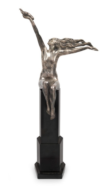 AMEDEO GENNARELLI (1881-1943), "The Carrier Pigeon", silvered bronze on 3-tiered black slate base, signed "A. Gennarelli" to the base, 57cm overall