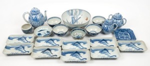 Assorted Japanese and Chinese blue and white porcelain tea ware, bowls, dishes and platter, mixed vintages, (21 items), ​​​​​​​the largest teapot 20cm high