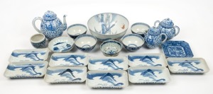 Assorted Japanese and Chinese blue and white porcelain tea ware, bowls, dishes and platter, mixed vintages, (21 items), the largest teapot 20cm high
