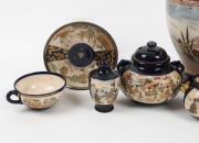 SATSUMA blue and gilt Japanese miniature vases, teacup and saucer, urn lid and mantel vases, Meiji period, 19th/20th century, (13 items), the largest 32cm high - 2