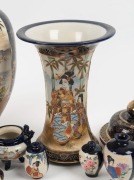 SATSUMA blue and gilt Japanese miniature vases, teacup and saucer, urn lid and mantel vases, Meiji period, 19th/20th century, (13 items), the largest 32cm high - 3