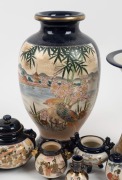 SATSUMA blue and gilt Japanese miniature vases, teacup and saucer, urn lid and mantel vases, Meiji period, 19th/20th century, (13 items), the largest 32cm high - 4