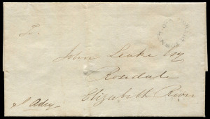 TASMANIA - Postal History : 1832 (Mar.3) outer from Hobart Town to John Leake at Rosedale, with fair strike of the oval "HOBART TOWN/V.D.L" handstamp, signed at lower-left by Stephen Adey, Superintendent of Stock and Farms for Van Diemen's Land Company and director of the Derwent Bank.