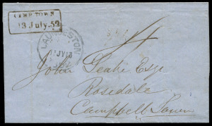 TASMANIA - Postal History : 1852 (July 13) Launceston to Campbell Town outer rated "4" with Type 2 Launceston departure datestamp, superb same day strike of boxed "CAMP TOWN/13 July 52" arrival handstamp. Very fine and attractive. Ex John Cress. Purchased in our November 2003 Sale for $1725.