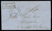 TASMANIA - Postal History : 1852 (July 13) Launceston to Campbell Town outer rated "4" with&nbsp;Type 2 Launceston departure datestamp, superb same day&nbsp;strike of boxed "CAMP TOWN/13 July 52" arrival handstamp. Very fine and attractive. Ex John Cress. Purchased - 3