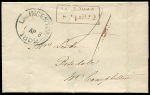 TASMANIA - Postal History: 1852 (Apr. 8) Launceston to Campbell Town outer, rated "4" with Type 2 Launceston departure datestamp, with same day strike of boxed "CAMP TOWN/8 April 52" arrival handstamp, intact wax seal in black on reverse.