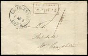 TASMANIA - Postal History: 1852 (Apr. 8) Launceston to Campbell Town outer, rated "4" with&nbsp;Type 2 Launceston departure datestamp, with same day&nbsp;strike of boxed "CAMP TOWN/8 April 52" arrival handstamp, intact wax seal in black on reverse.