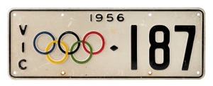 1956 MELBOURNE OLYMPICS official car number plate #187 with "VIC" and the Olympic Rings in colour; very fine original condition. Endorsed verso in pencil "Billy Holt's number plate in Melbourne". 