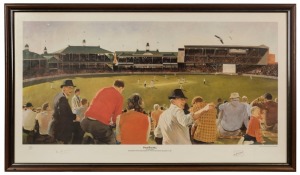 Wesley Walters "From the Hill - Don Bradman hits the single that gives him 100 first class centuries: November 15, 1947", lithographic print (#348/1250) signed in pencil and in pen by Don Bradman, accompanied by original documentation when issued in 1982, attractively framed, overall 62 x 106cm
