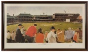 Wesley Walters "From the Hill - Don Bradman&nbsp;hits the single that gives him 100 first class centuries: November 15, 1947", lithographic print (#348/1250) signed in pencil and in pen by Don Bradman, accompanied by original documentation when issued in 1982,