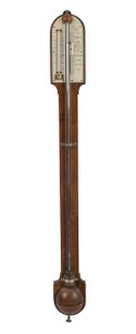 NEGRETTI & ZAMBRA antique English round topped stick barometer in mahogany case with mercury thermometer and ivory register plates, plus exposed tube and original hemispherical cistern cover, circa 1870, 96cm high