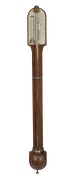 NEGRETTI & ZAMBRA&nbsp;antique English round topped stick barometer in mahogany case with mercury thermometer and ivory register plates, plus exposed tube and original hemispherical cistern cover, circa 1870, 96cm high