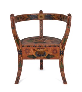 A Norwegian folk art child's tri-pod chair with original hand-painted floral finish, 19th century, 52cm high, 41cm wide