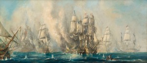 S.J. MASON, Two scenes during the Battle of Trafalgar, oil on canvas, both signed lower left, early 20th Century, framed individually, both 40 x 89cm; overall 60 x 110cm (2).