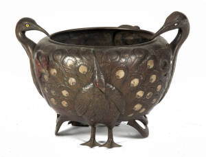 A Japanese bronze walking bird bowl, hibachi, 36cm high, 49cm wide