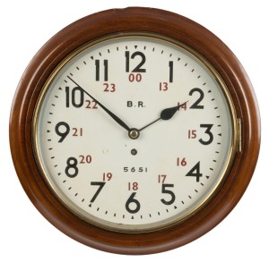 BRITISH RAIL antique English station clock in mahogany case, single train fusee movement, twelve and twenty-four hour dial with Arabic numerals, 19th century, 40cm diameter overall