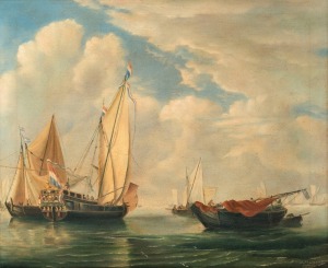 N. POINSETT (late 20th century), (Dutch naval vessel and fishing boats), oil on canvas, signed lower right "N. Poinsett", 49.5 x 60.5cm, 71 x 81cm overall