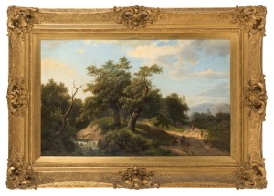 MARINUS ADRIANUS KOEKKOEK (1807– 1868) (wagon and figures in landscape with river), oil on canvas, signed lower right "M. A. Koekkoek", impressive gilt frame with additional name plaque, 60 x 96cm, 92 x 130cm overall
