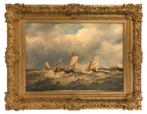 JOHANNES HERMANUS BAREND KOEKKOEK (1840–1912), (boats in rough seas), oil on oak panel, signed lower right "J.H. Koekkoek", attractively housed in an impressive ornate gilt frame, 68 x 97cm, 104 x 134cm overall