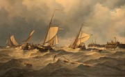 JOHANNES HERMANUS BAREND KOEKKOEK (1840–1912), (boats in rough seas), oil on oak panel, signed lower right "J.H. Koekkoek", attractively housed in an impressive ornate gilt frame, 68 x 97cm, 104 x 134cm overall - 2