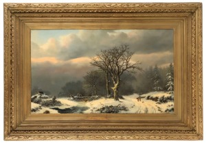 JOHANN BERNARD KLOMBECK (1815–1893), (winter scene), oil on canvas, signed lower right "J. B. Klombeck", attractively presented in an impressive ornate gilt frame, 61 x 102cm, 100 x 141cm overall