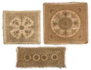 Three antique Indo-Persian zardozi gold thread floral embroideries on silk, 19th century, the largest 120 x 113cm