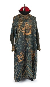 Antique Chinese dragon robe and hat, Qing Dynasty, 18th/19th century, (2 items), the robe 129cm long