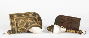 A pair of Tibetan conch shell trumpets with parcel gilt bronze mouth, 20th century, 35cm long