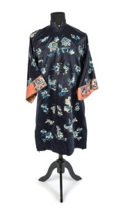 An antique Chinese blue silk robe with embroidered decoration, Qing Dynasty, 19th century, ​​​​​​​101cm long