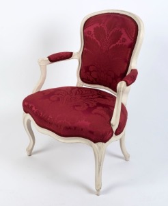 LOUIS VXI bergere with burgundy upholstery and milk-painted finish, 18th century, 86cm high, 60cm across the arms