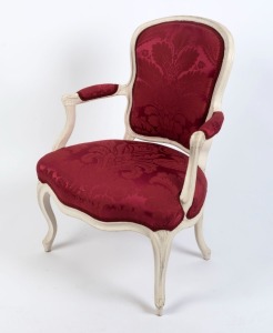 LOUIS VXI bergere with burgundy upholstery and milk-painted finish, 18th century, 86cm high, 60cm across the arms